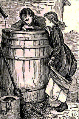 Boy and girl looking into a barrel