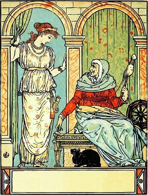 The Sleeping Beauty With an old Woman Spinning a spindle