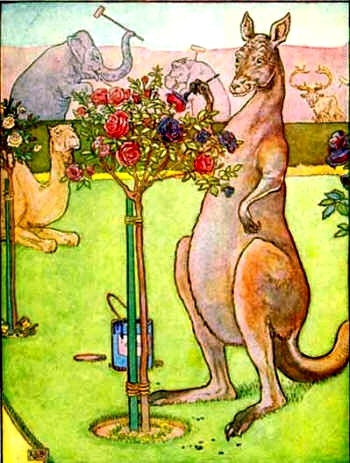 Kangaroo paints roses blue